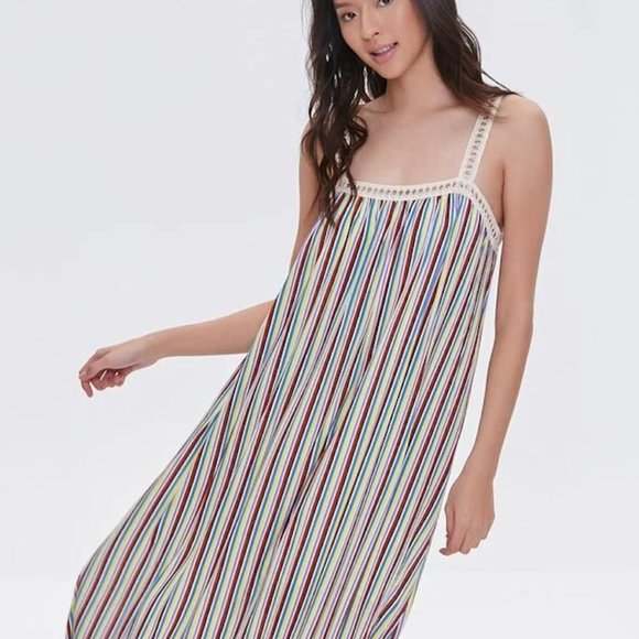 Forever 21 Muted Carnival Vertical Striped Maxi Dress Crochet Straps Size Medium - Picture 1 of 5